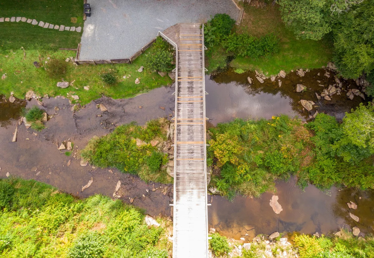 A tranquil scene with a wooden bridge crossing a meandering creek, surrounded by lush greenery. The setting suggests peaceful family walks, opportunities for nature play, and a safe, scenic environment for all ages to explore together.